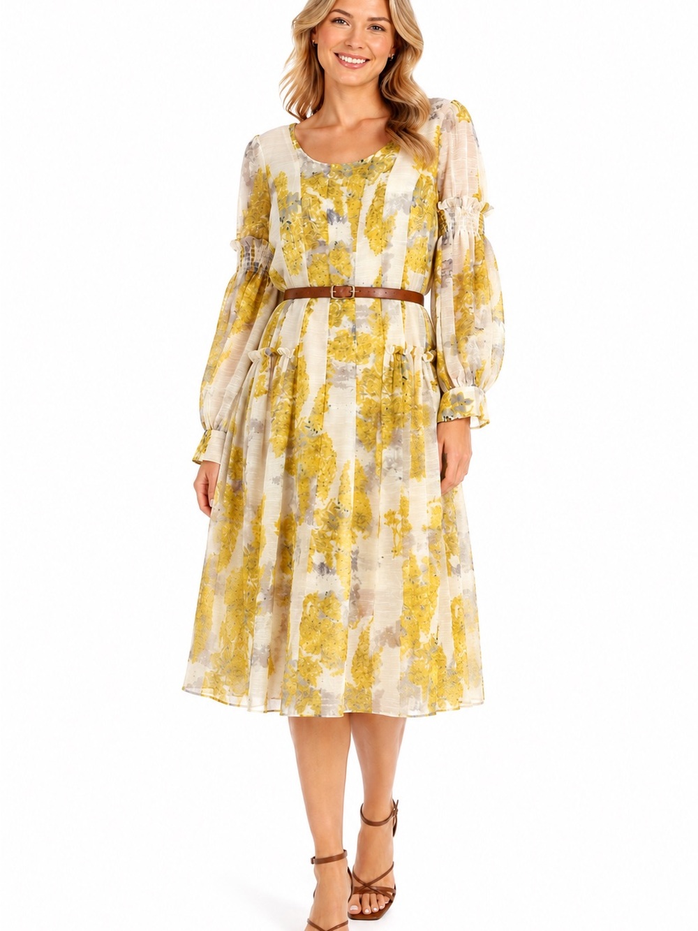 L'ATISTE Yellow Floral Sheer Long Sleeve Boho Midi Dress Size L